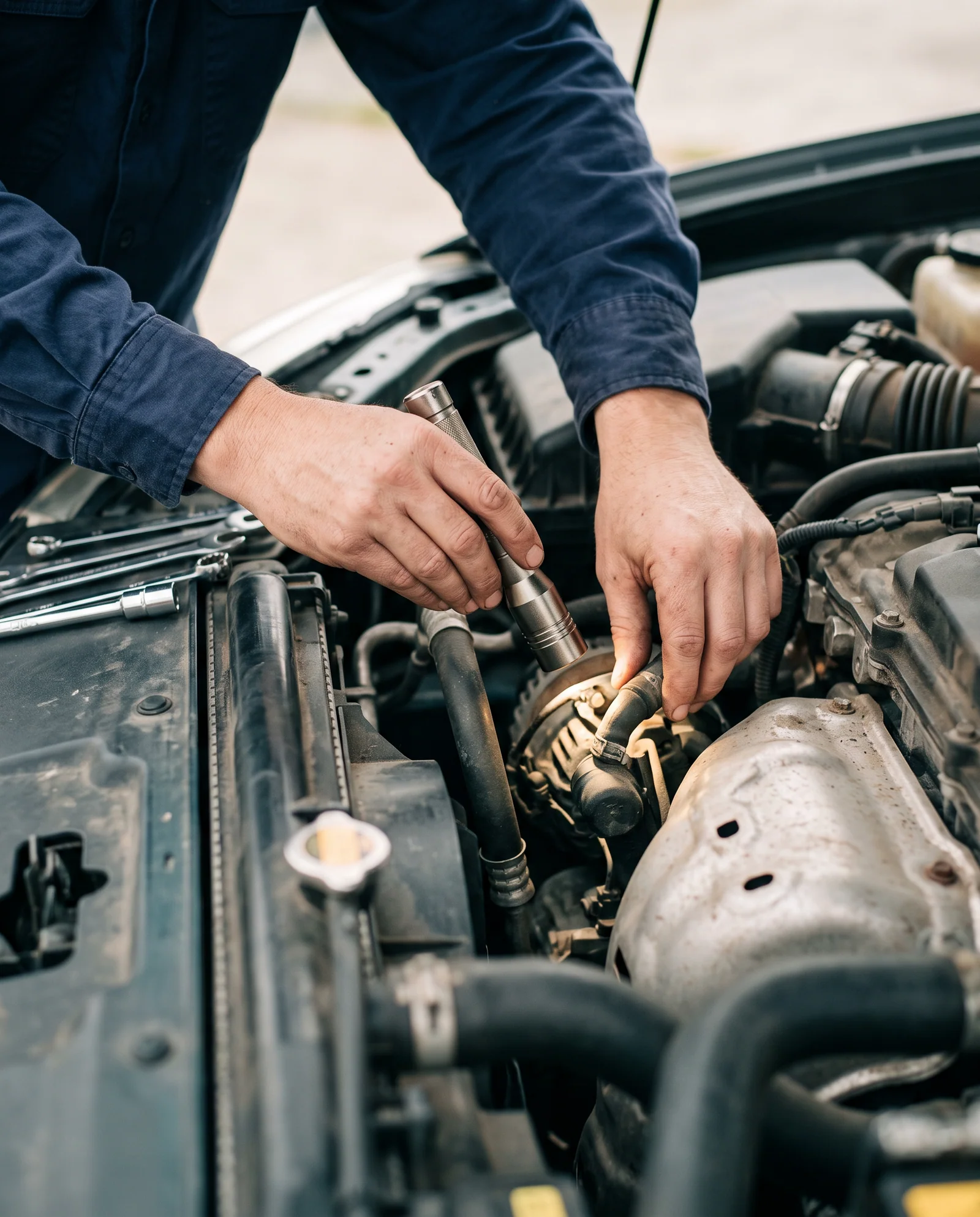 AI-generated close-up of hands holding an inspection torch over an engine bay