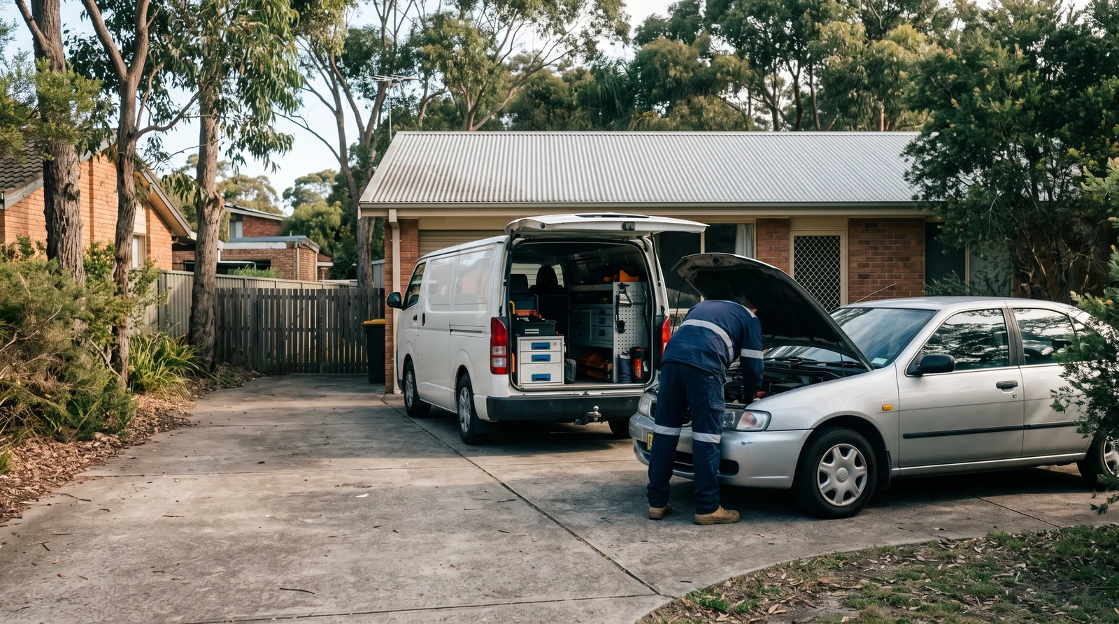 AI-generated illustration of a mobile mechanic beside a silver car and an open service van on an Australian driveway